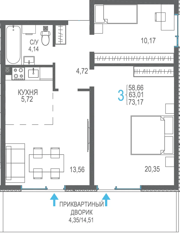 Планировка 3-комн. квартира, 73.17 м² ЖК «Розовое озеро»