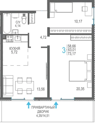 Планировка 3-комн. квартира, 73.17 м² ЖК «Розовое озеро»
