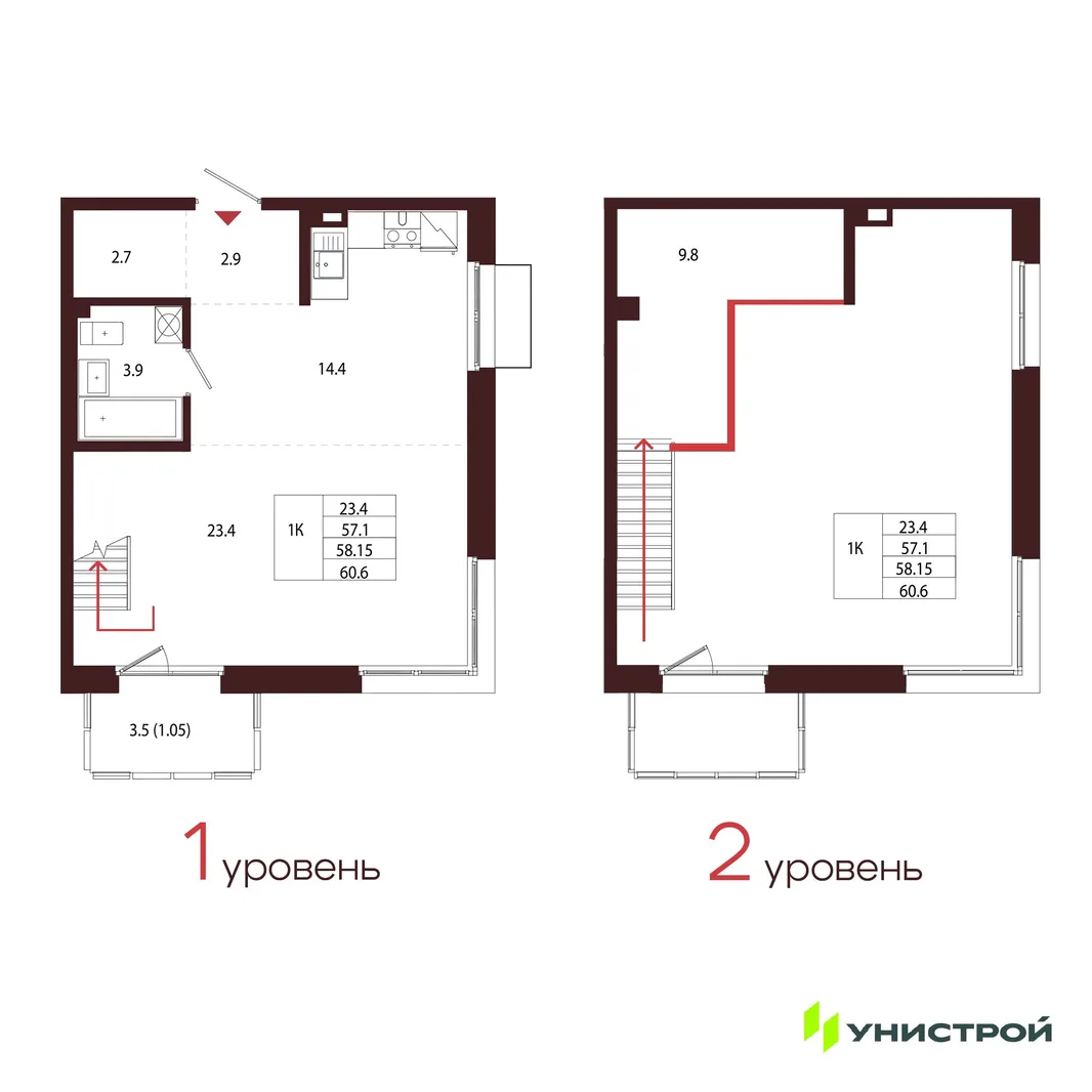 Планировка 1-комн. квартира, 58.15 м² ЖК «Лисино»