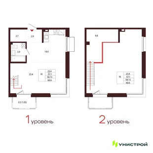 Планировка 1-комн. квартира, 58.15 м² ЖК «Лисино»