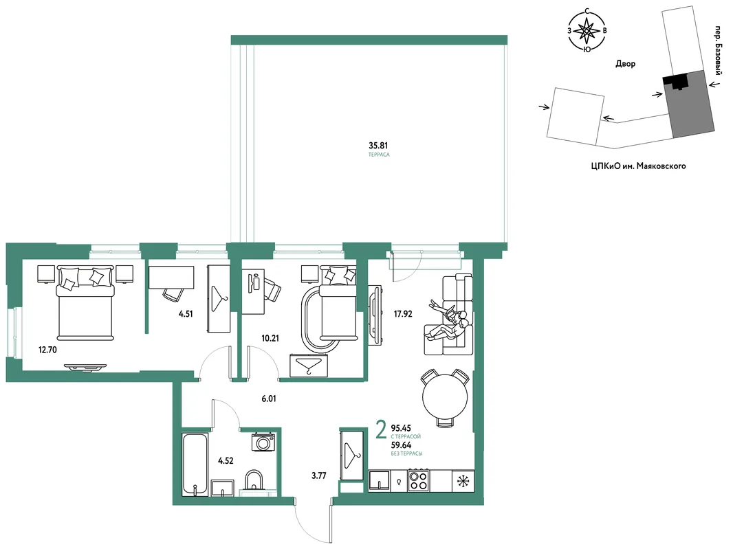 Планировка 2-комн. квартира, 95.45 м² ЖК «Сибирский сад»
