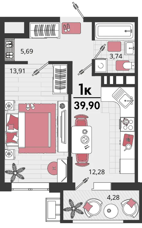 Планировка 1-комн. квартира, 39.9 м² ЖК «Родные просторы»
