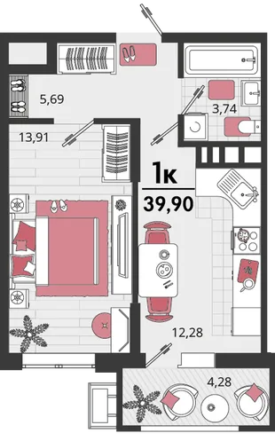Планировка 1-комн. квартира, 39.9 м² ЖК «Родные просторы»