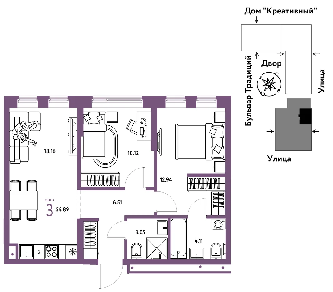Планировка 3-комн. квартира, 54.89 м² ЖК «Микрорайон Домашний»