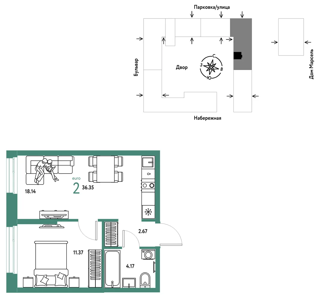 Планировка 2-комн. квартира, 36.35 м² ЖК «Европейский берег 2.0»