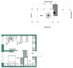 Планировка 2-комн. квартира, 36.35 м² ЖК «Европейский берег 2.0»