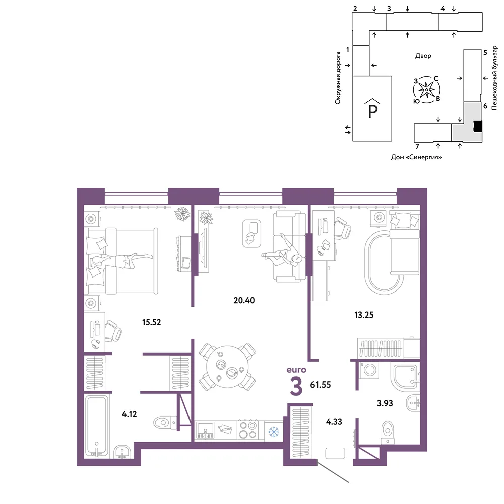 Планировка 3-комн. квартира, 61.55 м² ЖК «Юнион»