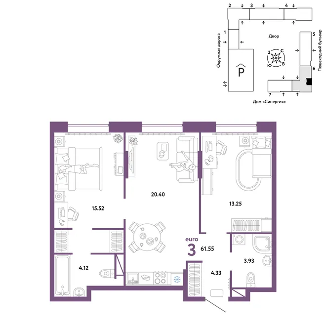 Планировка 3-комн. квартира, 61.55 м² ЖК «Юнион» Планировка 3-комн. квартира, 61.55 м² ЖК «Юнион»