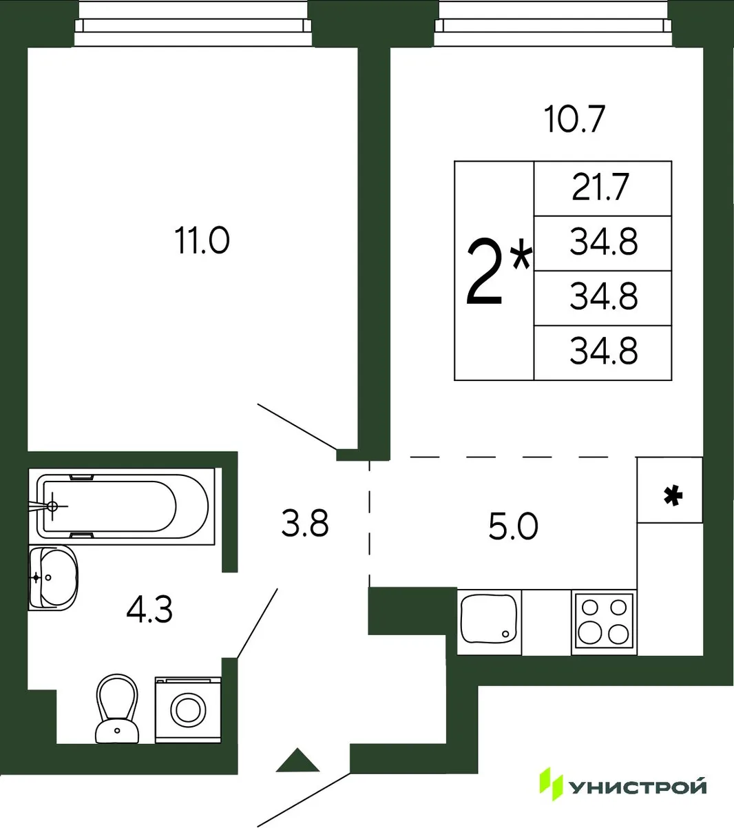 Планировка 2-комн. квартира, 34.8 м² ЖК «Парковый квартал 2.0»