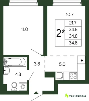 Планировка 2-комн. квартира, 34.8 м² ЖК «Парковый квартал 2.0»