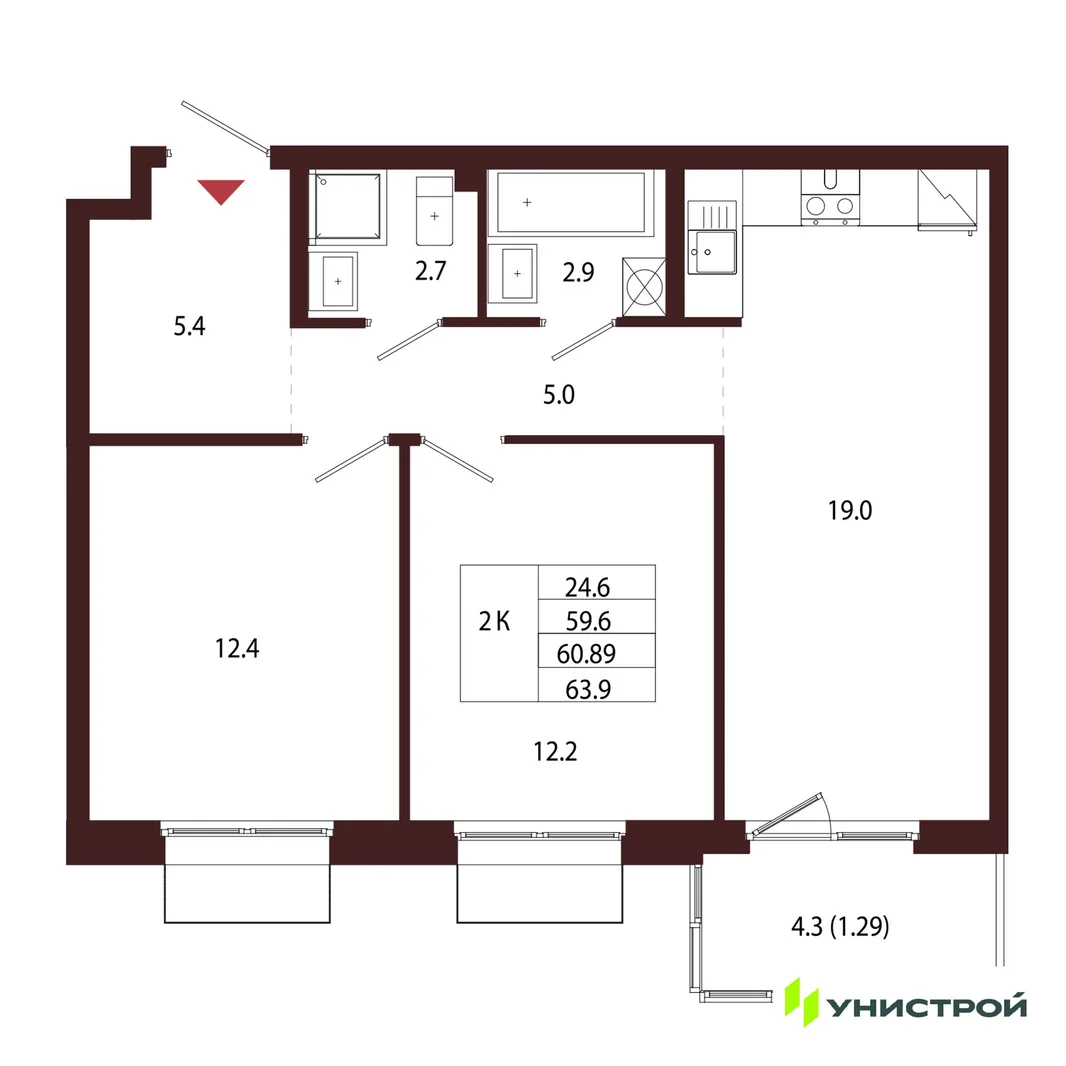 Планировка 2-комн. квартира, 60.89 м² ЖК «Лисино»