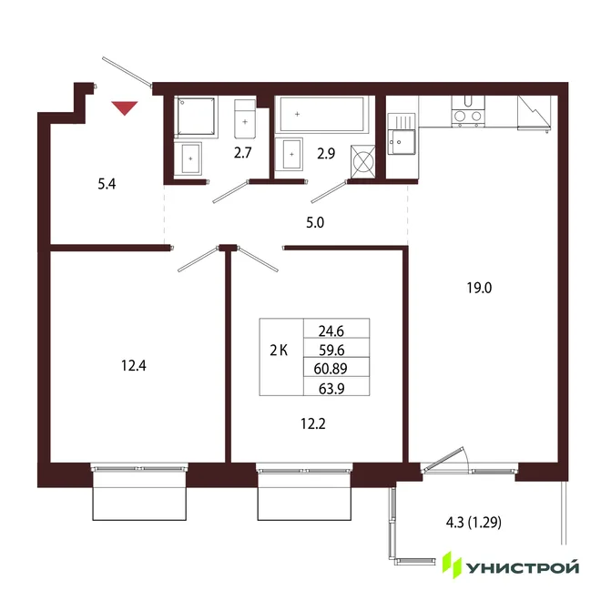 Планировка 2-комн. квартира, 60.89 м² ЖК «Лисино» Планировка 2-комн. квартира, 60.89 м² ЖК «Лисино»