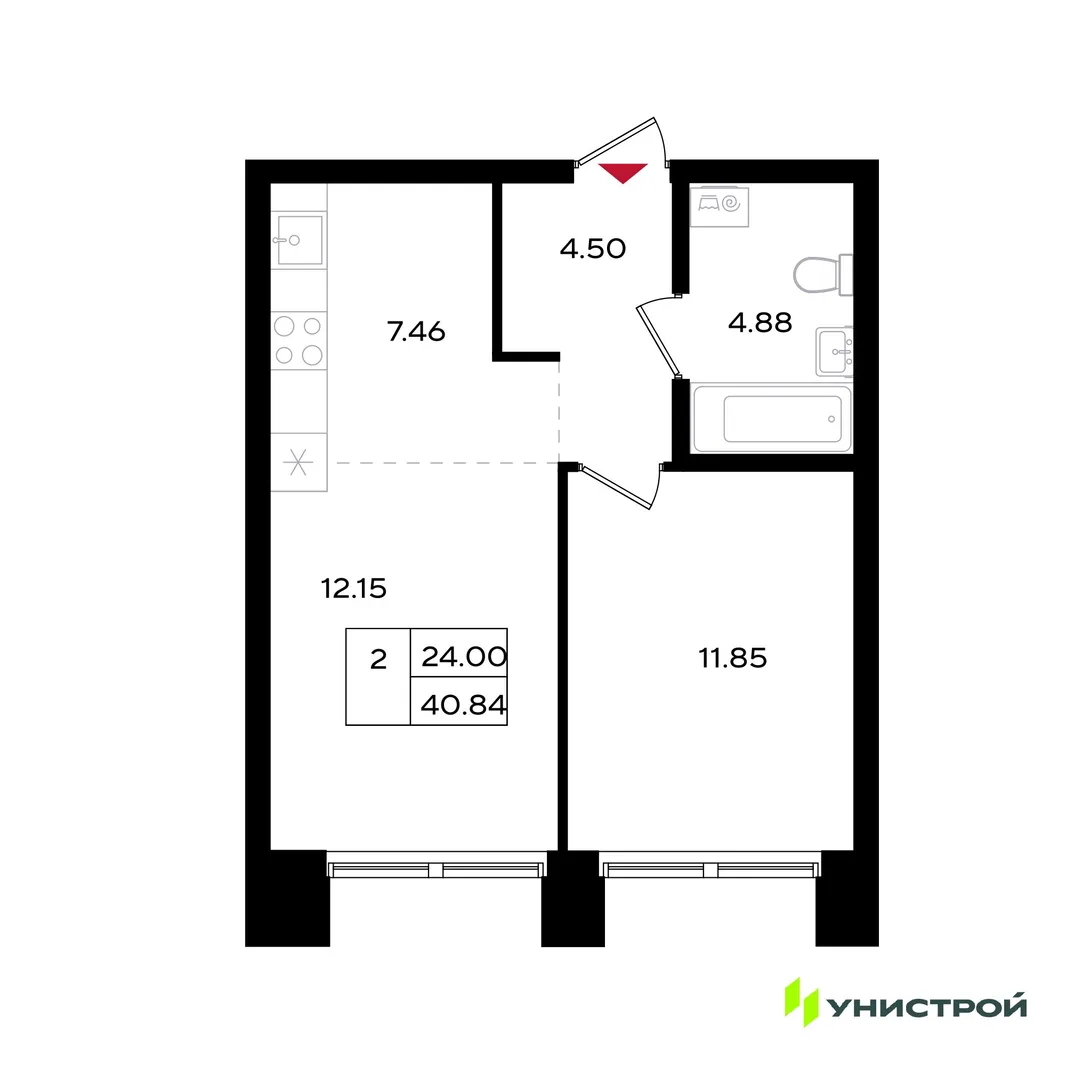 Планировка 2-комн. квартира, 40.84 м² ЖК «Уникум на Энгельса»