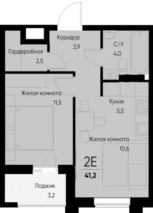Планировка 2-комн. квартира, 41.2 м² ЖК «Васильевский остров»
