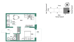 Планировка 2-комн. квартира, 39.9 м² ЖК «Микрорайон Домашний»