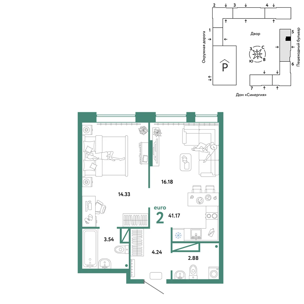 Планировка 2-комн. квартира, 41.17 м² ЖК «Юнион»