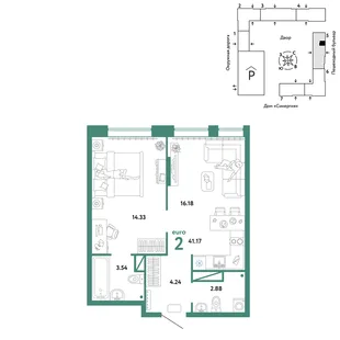 Планировка 2-комн. квартира, 41.17 м² ЖК «Юнион»