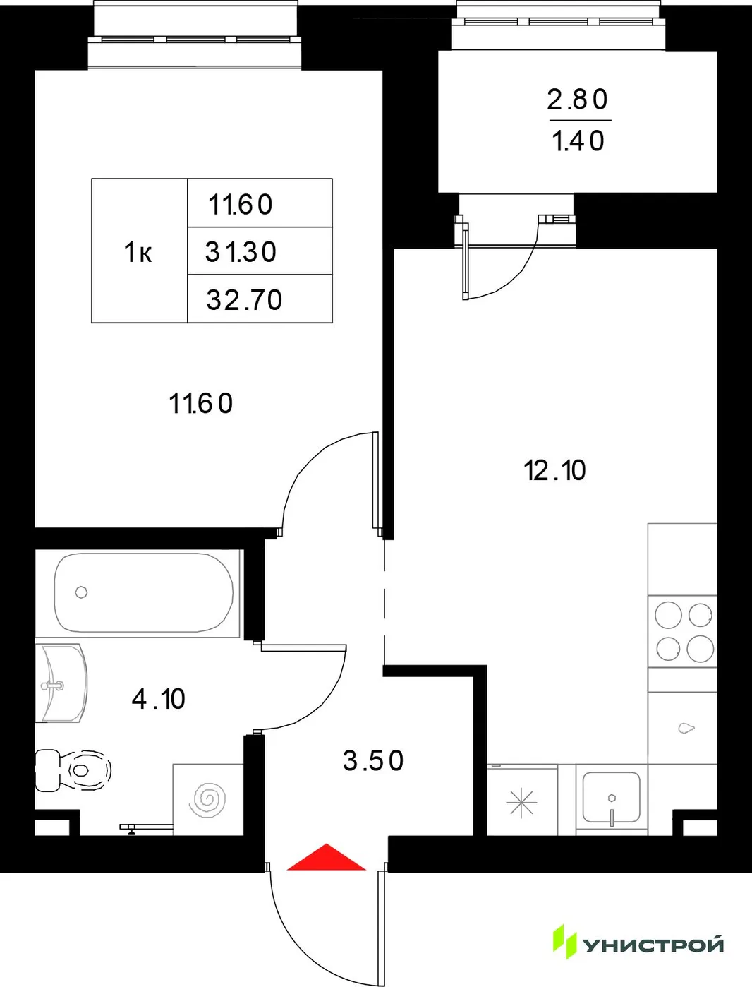 Планировка 1-комн. квартира, 32.7 м² ЖК «Уникод на Технической»