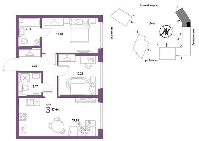 Планировка 3-комн. квартира, 57.64 м² ЖК «Сибирский сад» Планировка 3-комн. квартира, 57.64 м² ЖК «Сибирский сад»