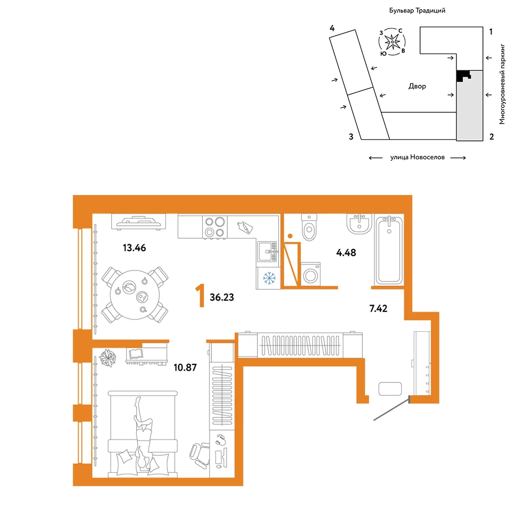 Планировка 1-комн. квартира, 36.23 м² ЖК «Микрорайон Домашний»