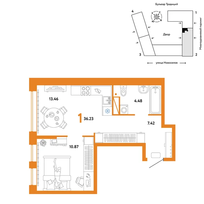 Планировка 1-комн. квартира, 36.23 м² ЖК «Микрорайон Домашний» Планировка 1-комн. квартира, 36.23 м² ЖК «Микрорайон Домашний»