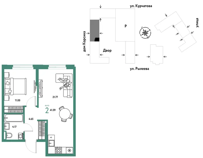 Планировка 2-комн. квартира, 41.59 м² ЖК «Остров-сад» Планировка 2-комн. квартира, 41.59 м² ЖК «Остров-сад»