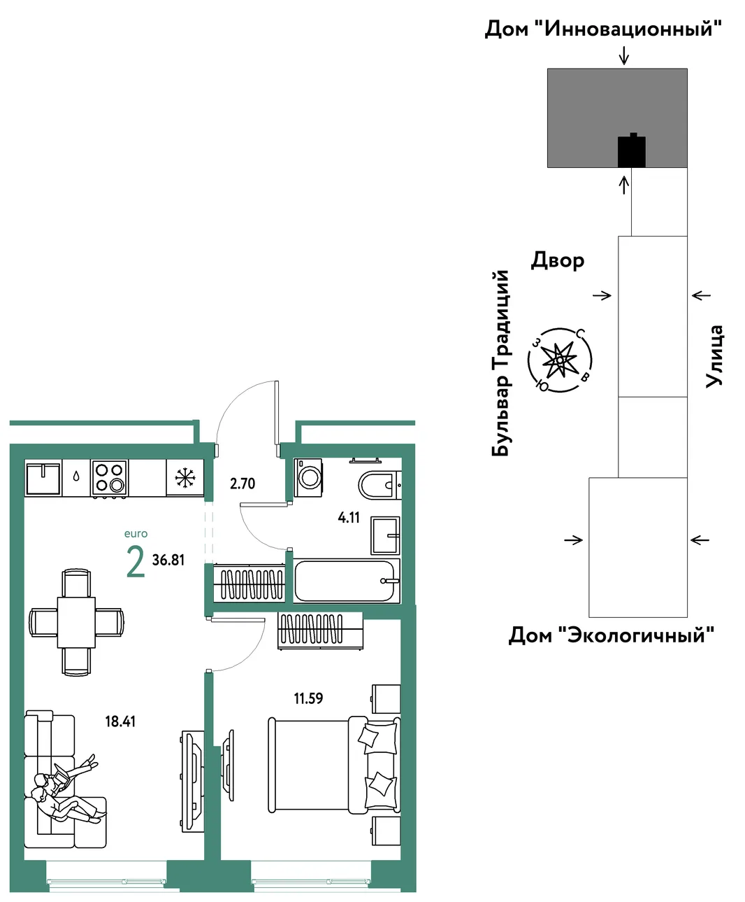 Планировка 2-комн. квартира, 36.81 м² ЖК «Микрорайон Домашний»