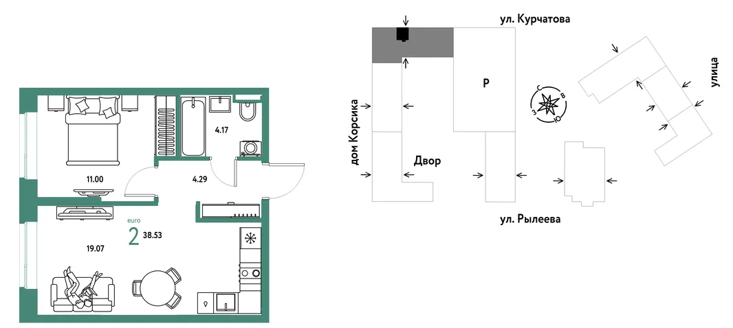 Планировка 2-комн. квартира, 38.53 м² ЖК «Остров-сад»