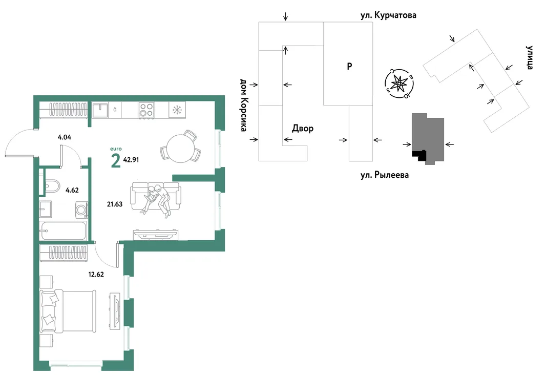 Планировка 2-комн. квартира, 42.91 м² ЖК «Остров-сад»