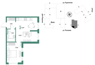 Планировка 2-комн. квартира, 42.91 м² ЖК «Остров-сад»