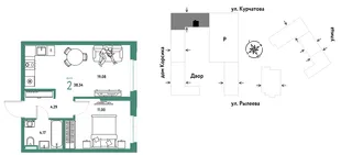 Планировка 2-комн. квартира, 38.54 м² ЖК «Остров-сад»