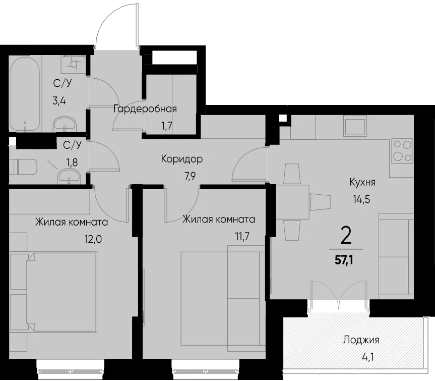 Планировка 2-комн. квартира, 57.2 м² ЖК «Васильевский остров»