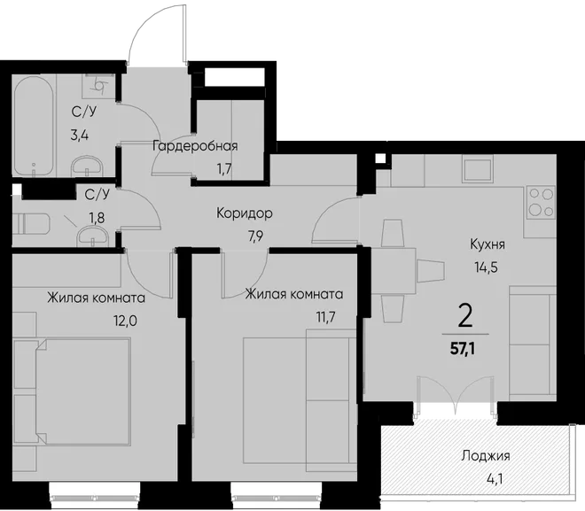 Планировка 2-комн. квартира, 56.9 м² ЖК «Васильевский остров» Планировка 2-комн. квартира, 56.9 м² ЖК «Васильевский остров»