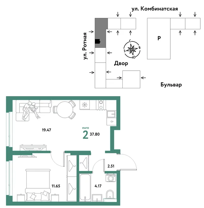 Планировка 2-комн. квартира, 37.8 м² ЖК «Уральский сад» Планировка 2-комн. квартира, 37.8 м² ЖК «Уральский сад»