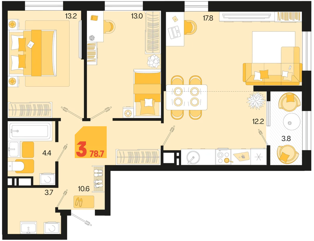 Планировка 3-комн. квартира, 78.7 м² ЖК «Первое место»