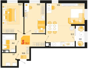 Планировка 3-комн. квартира, 78.7 м² ЖК «Первое место»