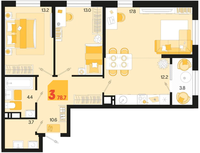 Планировка 3-комн. квартира, 78.7 м² ЖК «Первое место» Планировка 3-комн. квартира, 78.7 м² ЖК «Первое место»