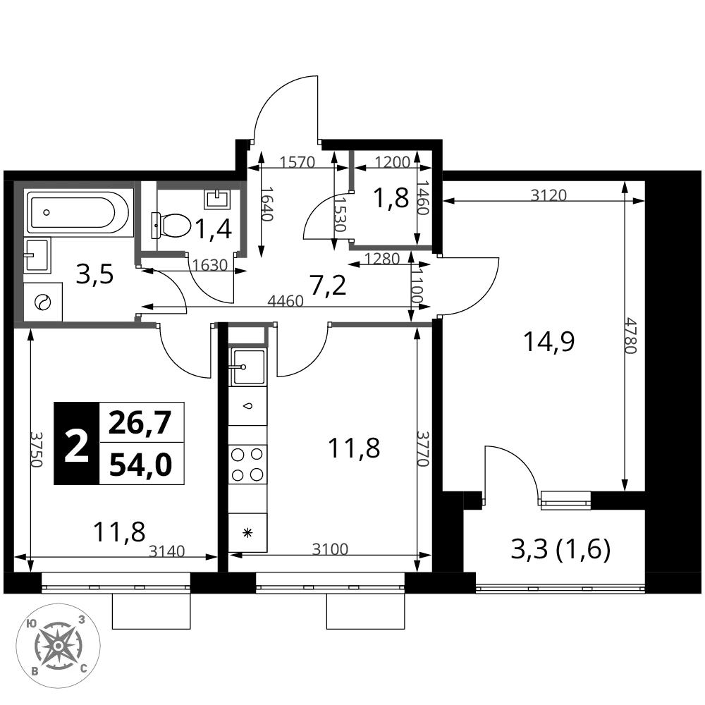 Планировка 2-комн. квартира, 54 м² ЖК «1-й Шереметьевский»