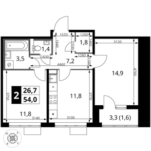 Планировка 2-комн. квартира, 54 м² ЖК «1-й Шереметьевский»