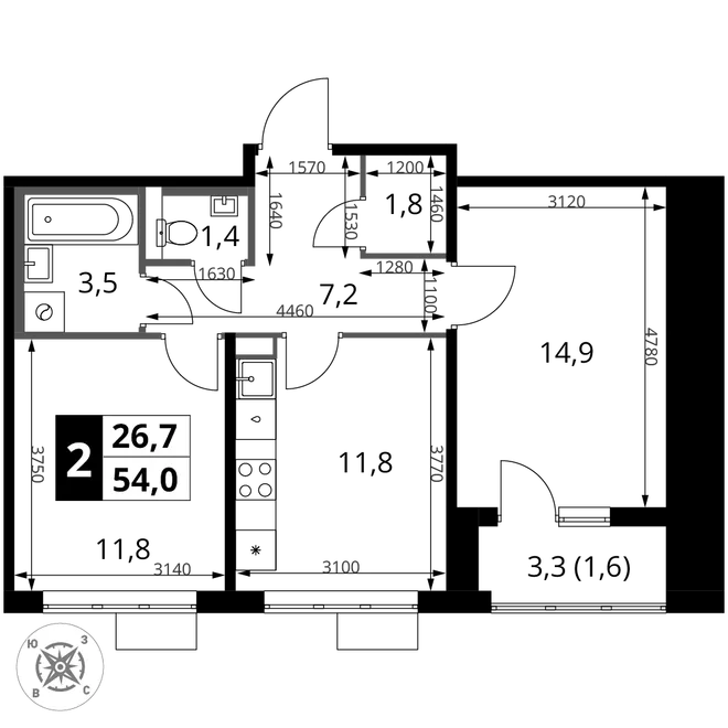 Планировка 2-комн. квартира, 54 м² ЖК «1-й Шереметьевский» Планировка 2-комн. квартира, 54 м² ЖК «1-й Шереметьевский»