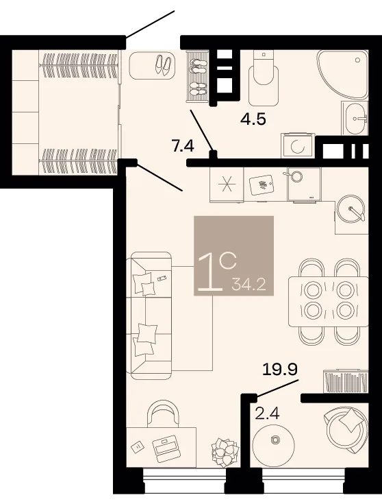 Планировка Студия, 34.2 м² ЖК «Хозяин морей»