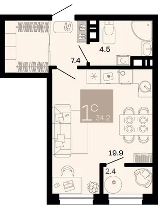 Планировка Студия, 34.2 м² ЖК «Хозяин морей»
