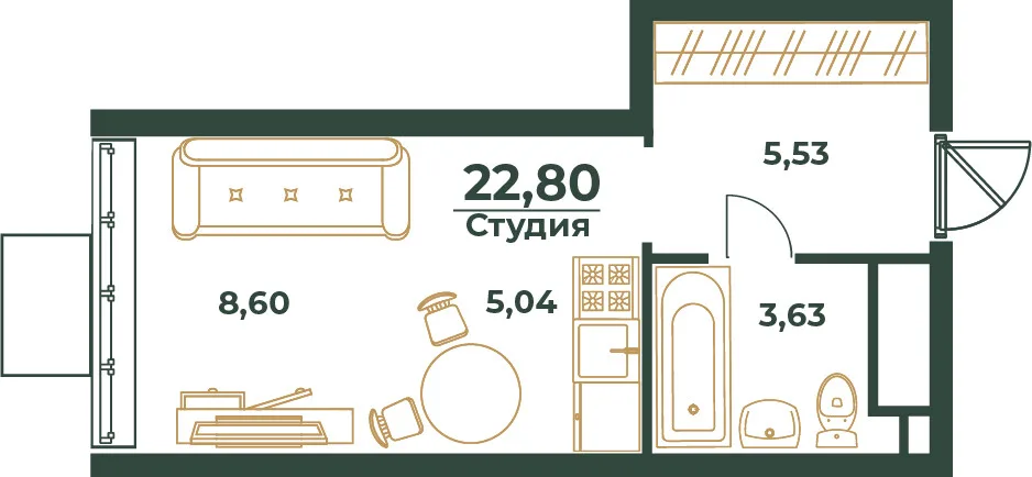 Планировка Студия, 22.8 м² ЖК «Южный квартал»