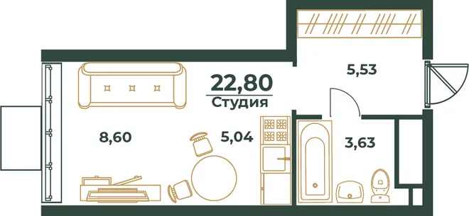 Планировка Студия, 22.8 м² ЖК «Южный квартал»