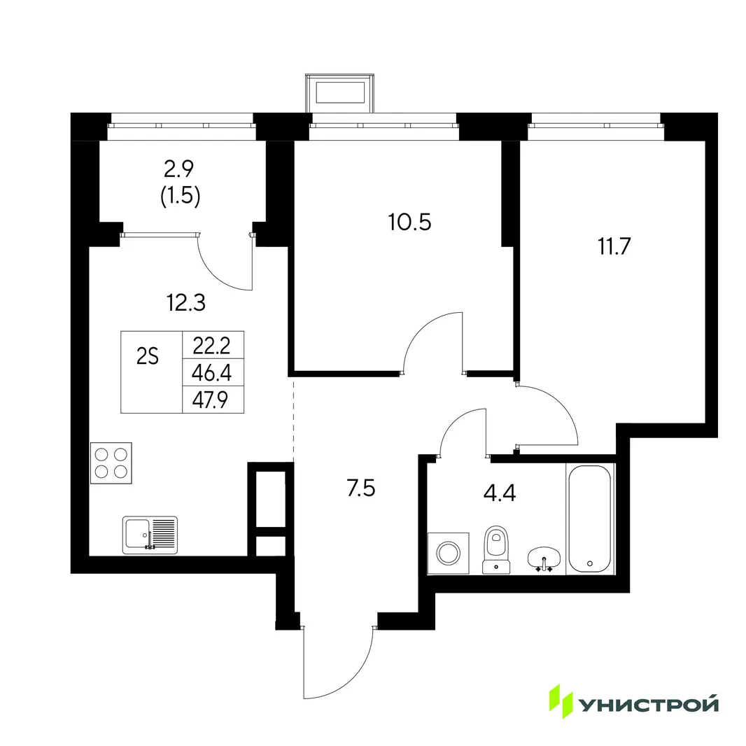 Планировка 2-комн. квартира, 47.9 м² ЖК «Стадиум»