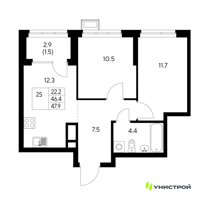 Планировка 2-комн. квартира, 47.9 м² ЖК «Стадиум» Планировка 2-комн. квартира, 47.9 м² ЖК «Стадиум»