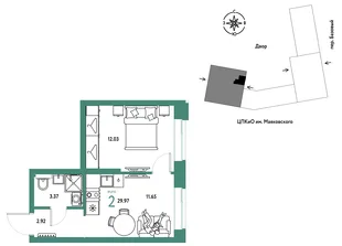 Планировка 2-комн. квартира, 29.97 м² ЖК «Сибирский сад»