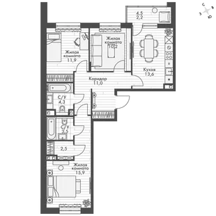 Квартира 3-комн. квартира, 75.1 м² ЖК «ФоРест» Фото 1 Квартира 3-комн. квартира, 75.1 м² ЖК «ФоРест» Фото 1