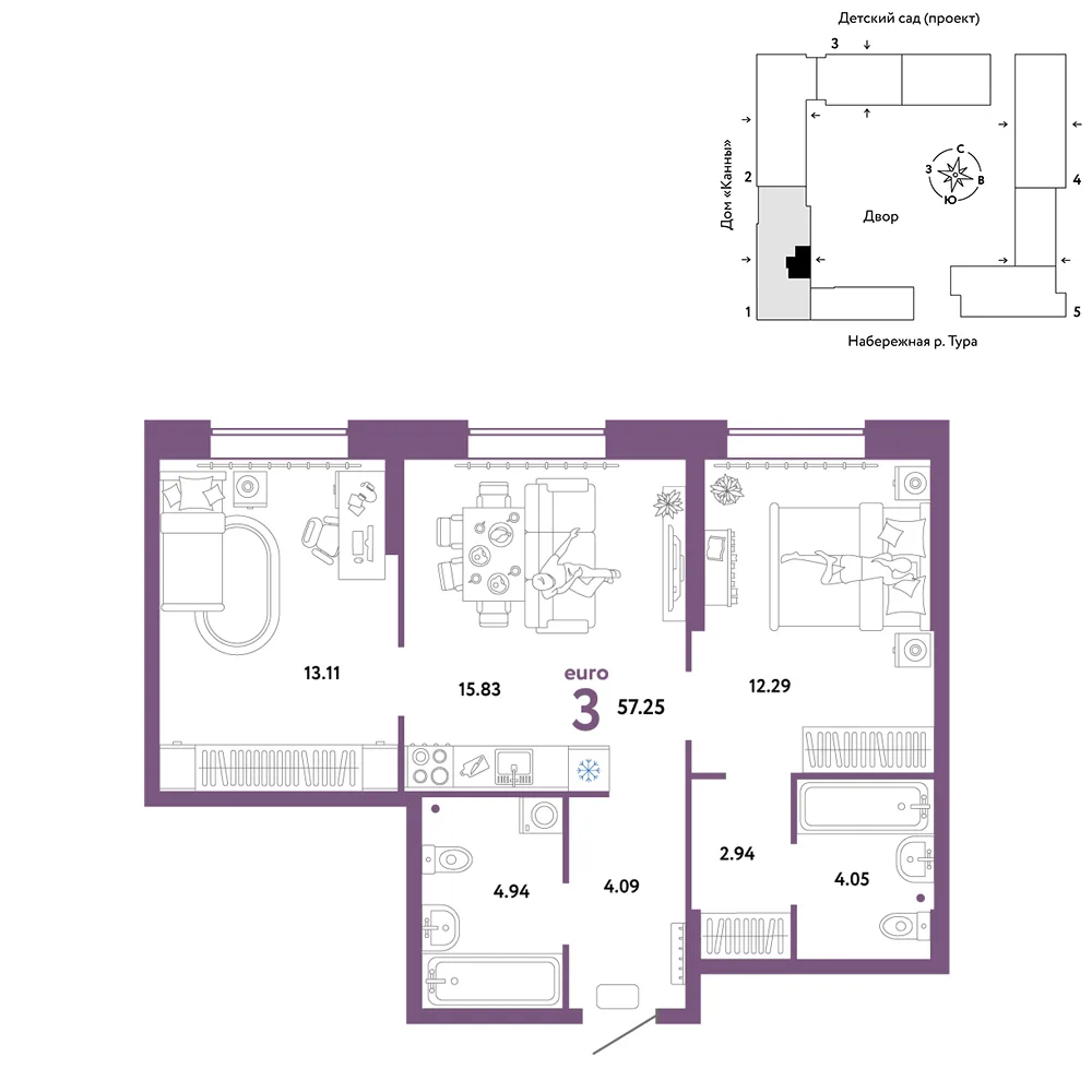 Планировка 3-комн. квартира, 57.25 м² ЖК «Европейский берег 2.0»