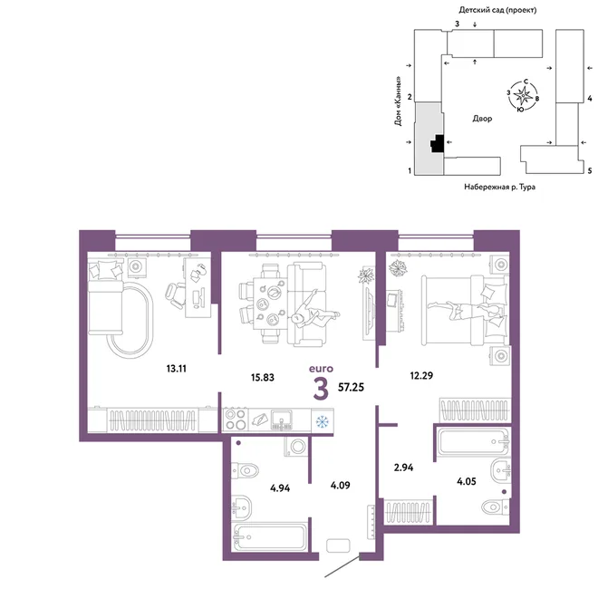 Планировка 3-комн. квартира, 57.25 м² ЖК «Европейский берег 2.0»